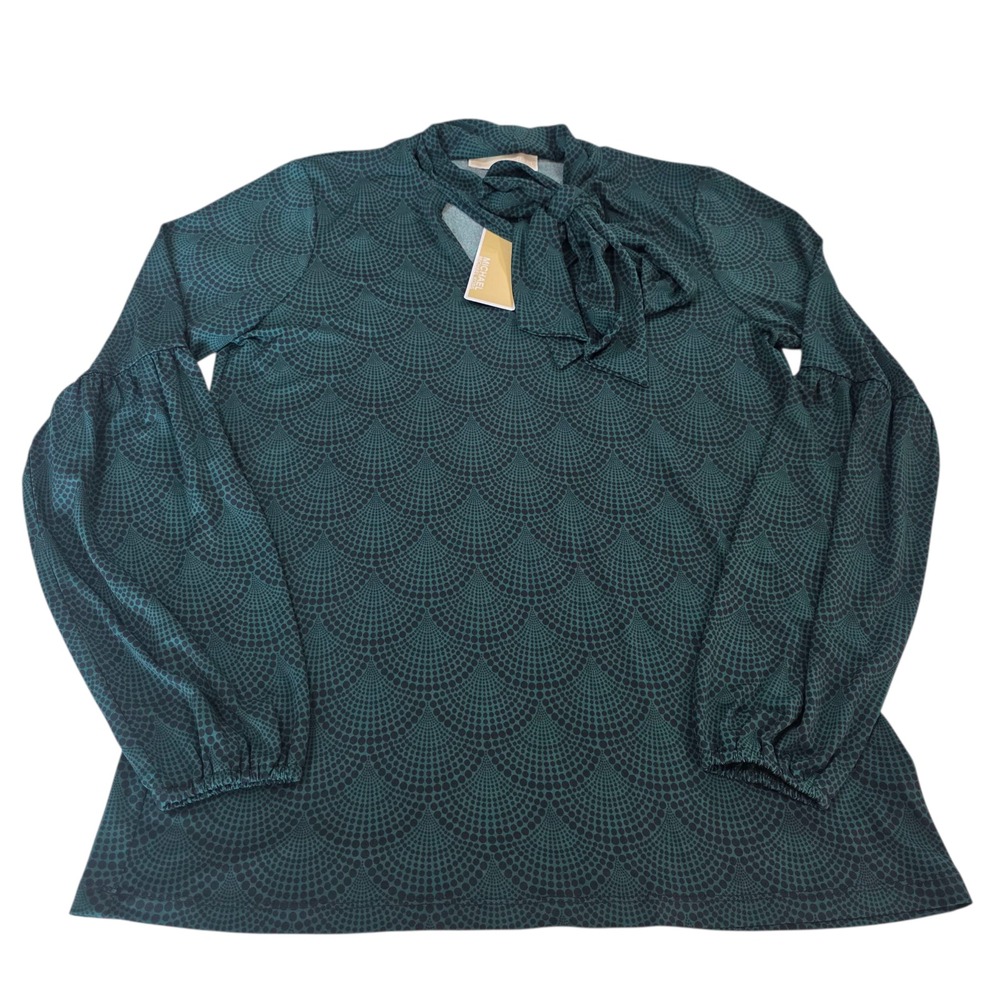 NWT Michael Kors Tunic Top Womens Dark Emerald S‎ Long Sleeve Bow Shell Pullover